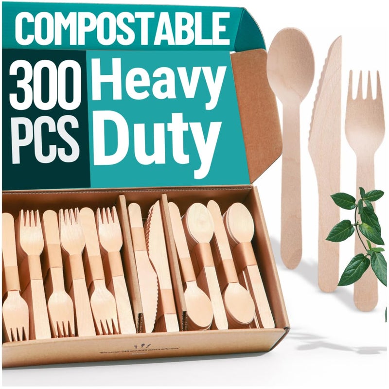 EarthClusive 300pcs Disposable Wooden Cutlery Set (150 Forks, 100 Spoons, 50 Knives) Our Heavy Duty Compostable Wood Utensils is FSC Certified Protecting Forests. Zero Plastic Cutlery For Any Occasion - Image 1